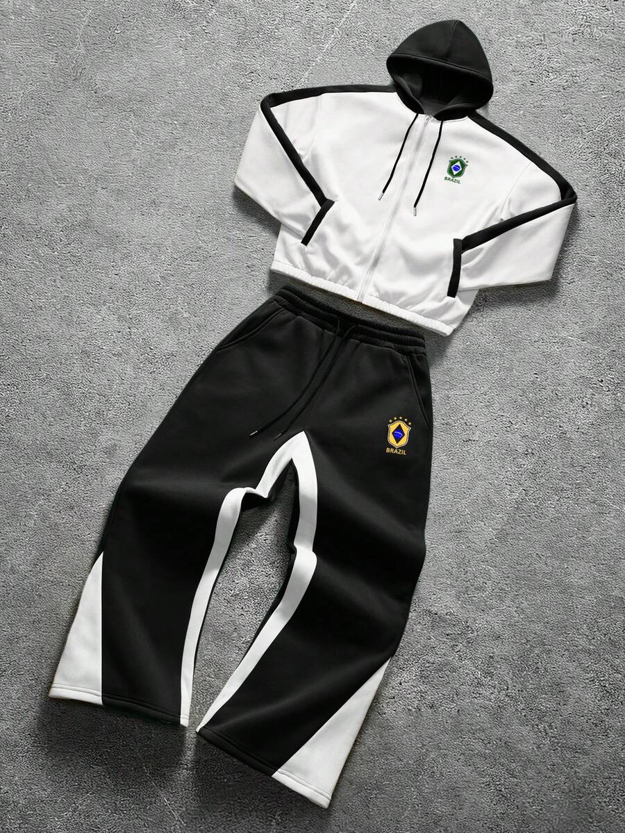 Contrast Color Zip-Up Hoodie Sweatpants Set