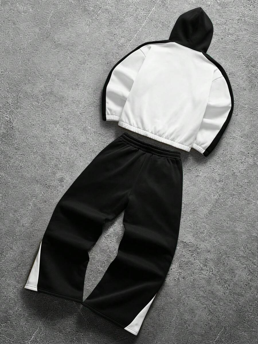 Contrast Color Zip-Up Hoodie Sweatpants Set
