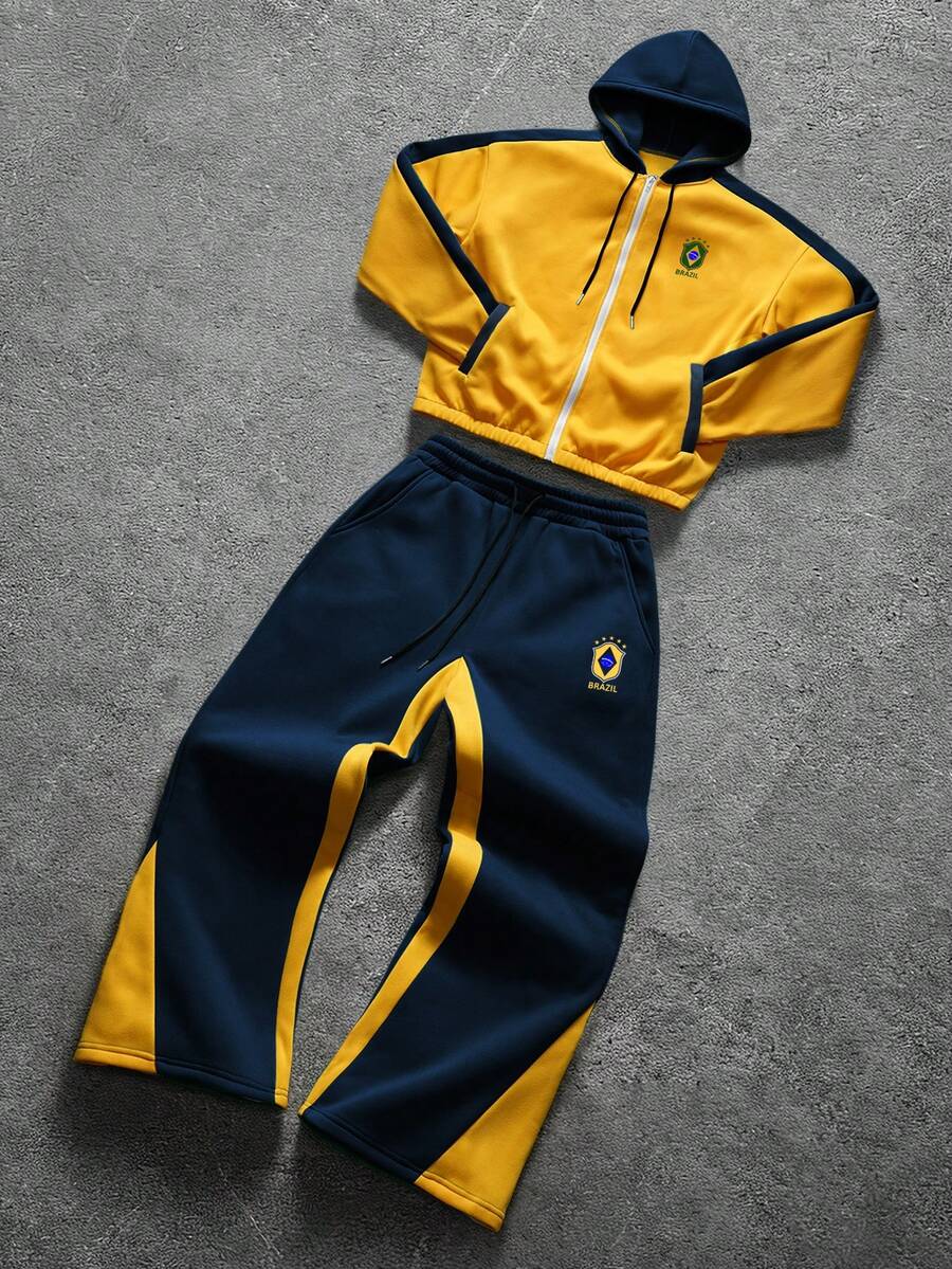 Contrast Color Zip-Up Hoodie Sweatpants Set