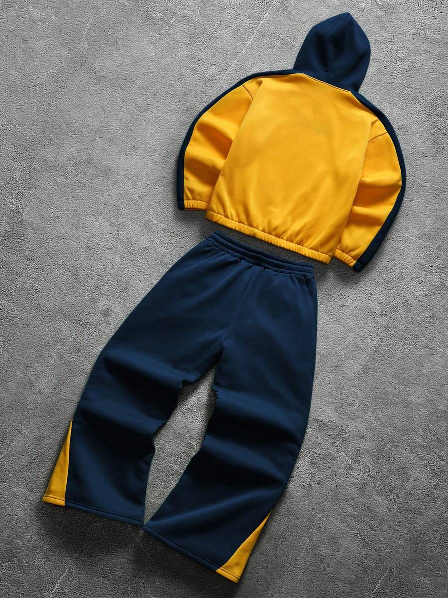 Contrast Color Zip-Up Hoodie Sweatpants Set