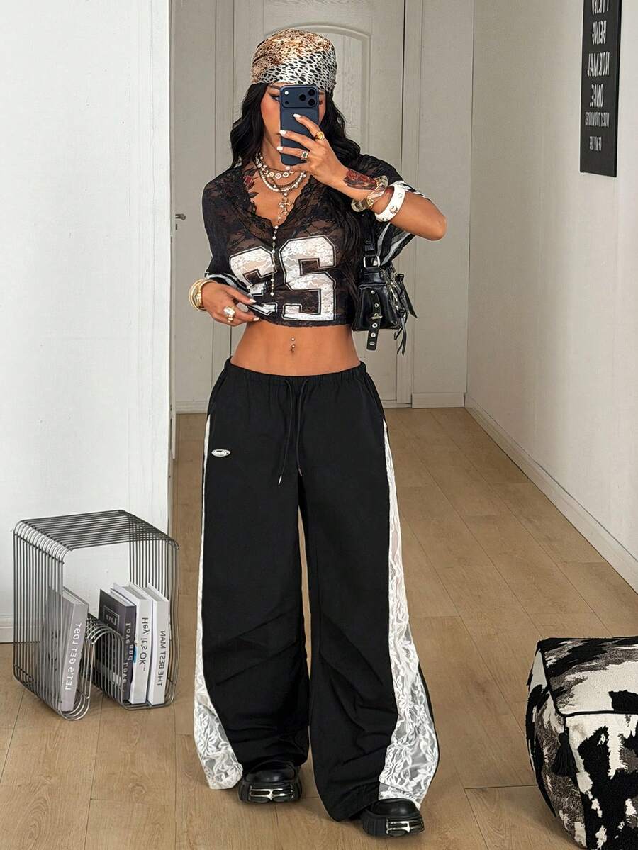 Women's Color-Blocked Baggy Parachute Pants