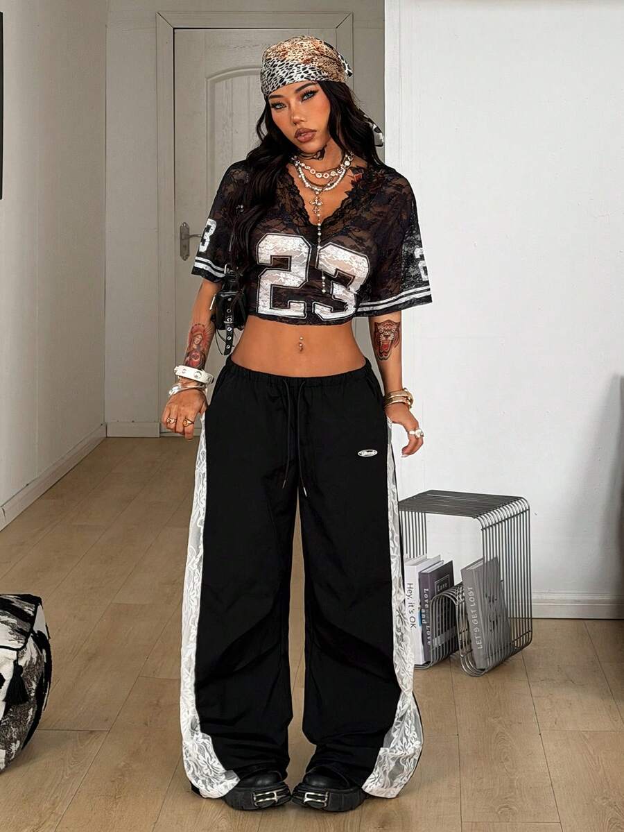 Women's Color-Blocked Baggy Parachute Pants