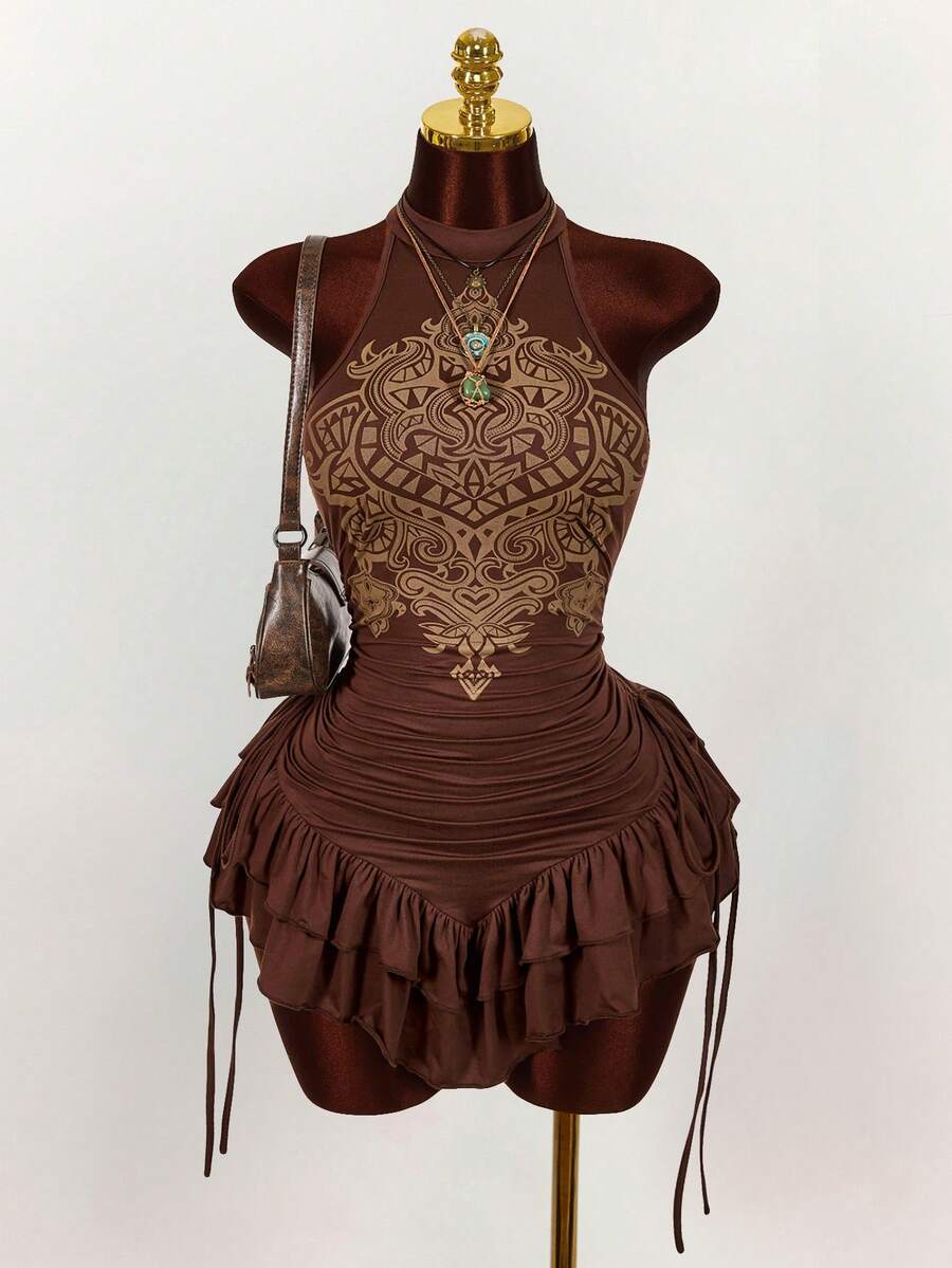 Ruffled High Neck Asymmetrical Mini Dress