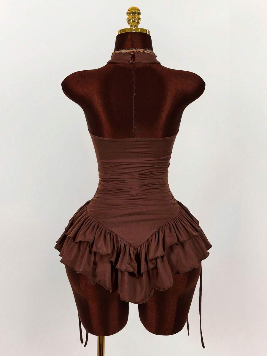 Ruffled High Neck Asymmetrical Mini Dress