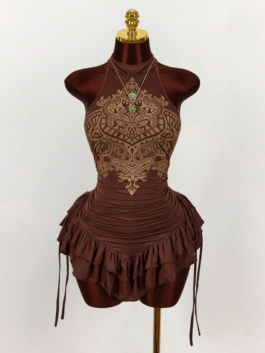 Ruffled High Neck Asymmetrical Mini Dress
