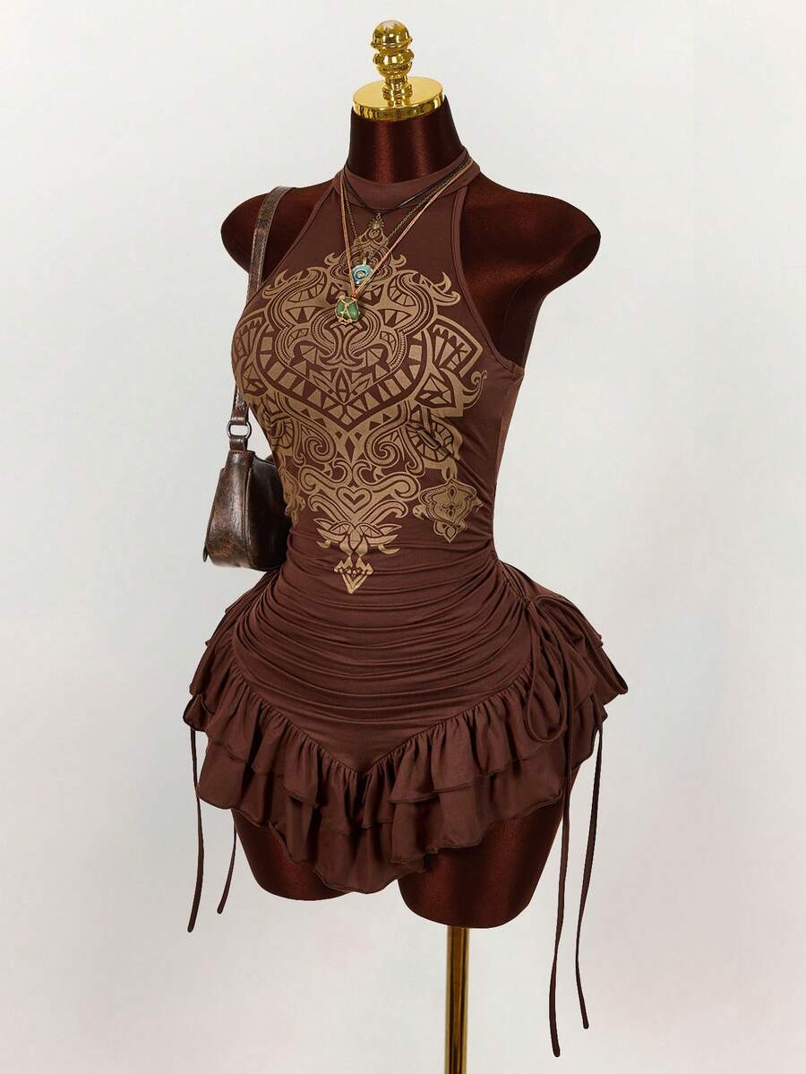 Ruffled High Neck Asymmetrical Mini Dress