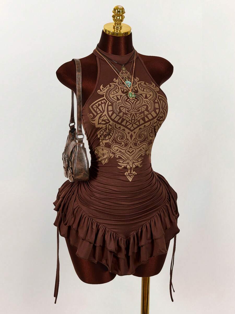 Ruffled High Neck Asymmetrical Mini Dress