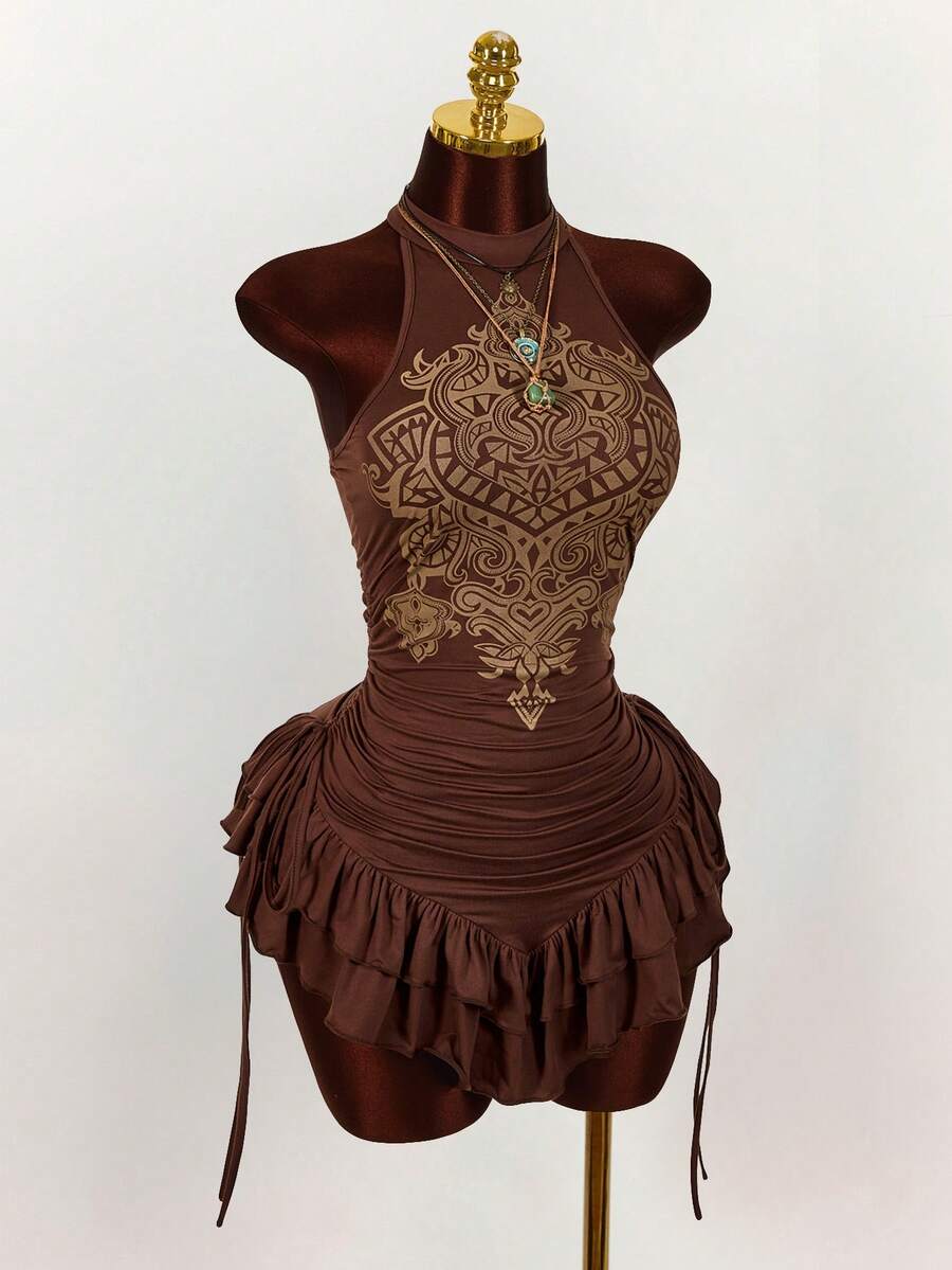 Ruffled High Neck Asymmetrical Mini Dress