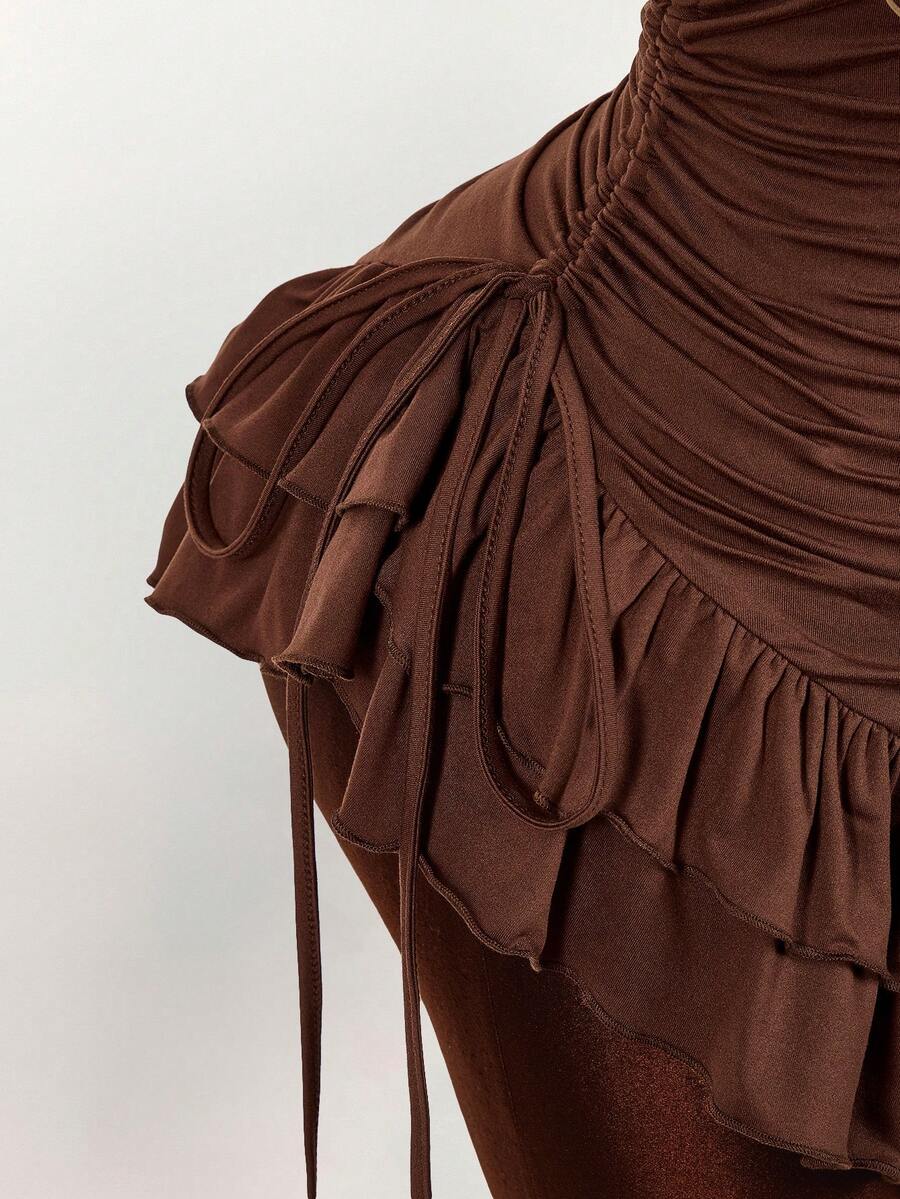 Ruffled High Neck Asymmetrical Mini Dress