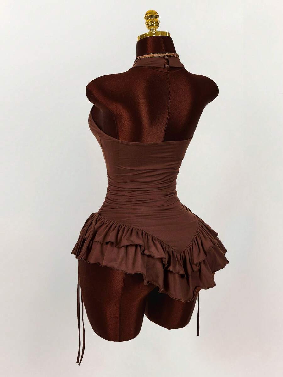 Ruffled High Neck Asymmetrical Mini Dress