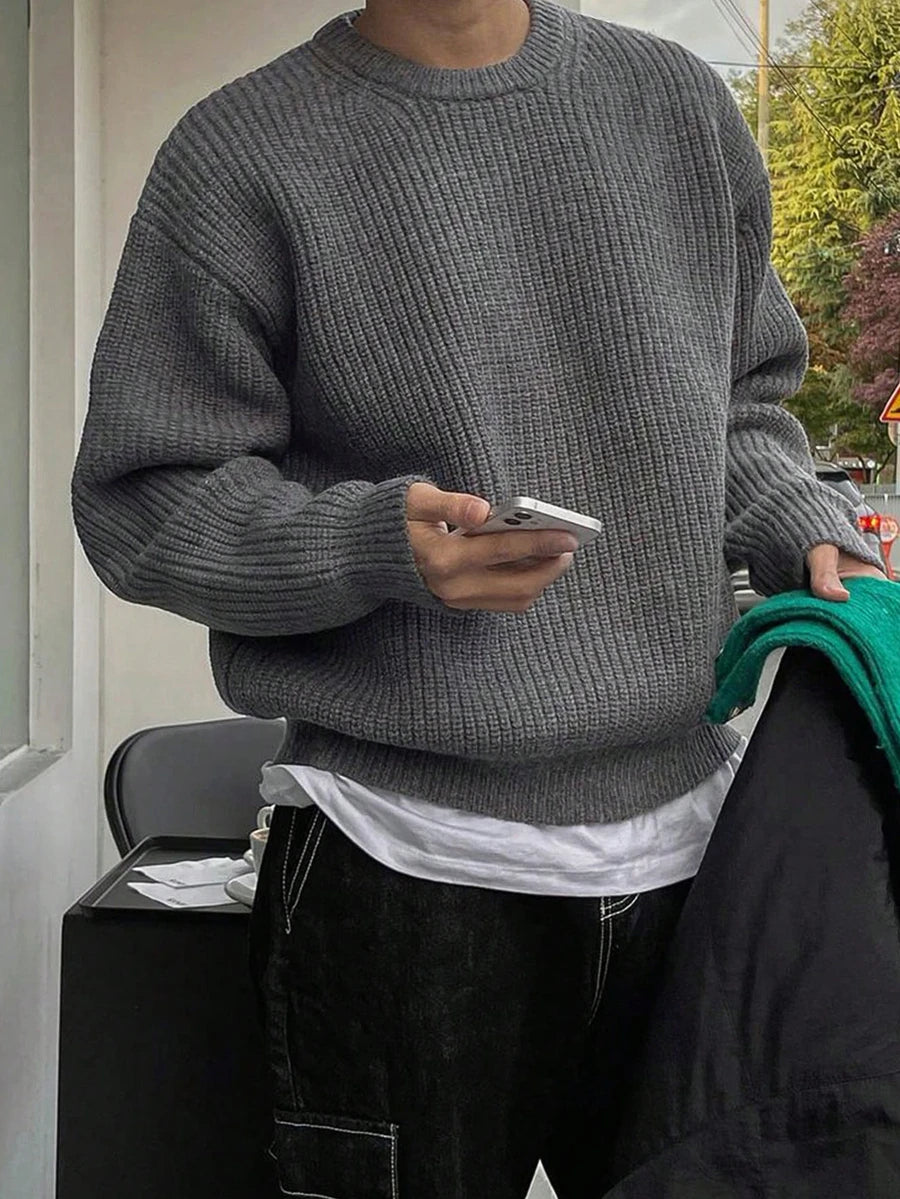 Men's Knit Drop Shoulder Crew Neck Pullover Sweater