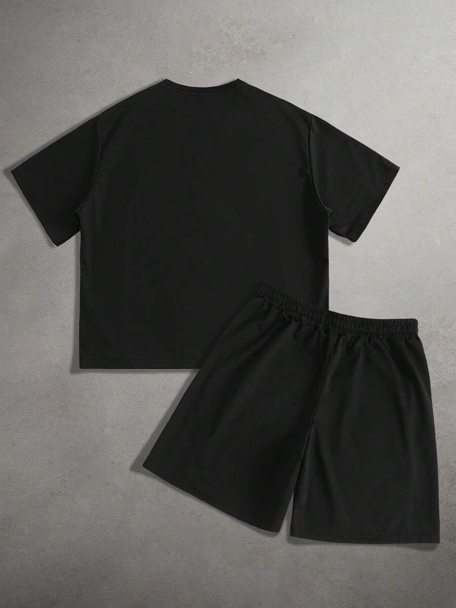 Contrast Trim Letter Print Tee Shorts