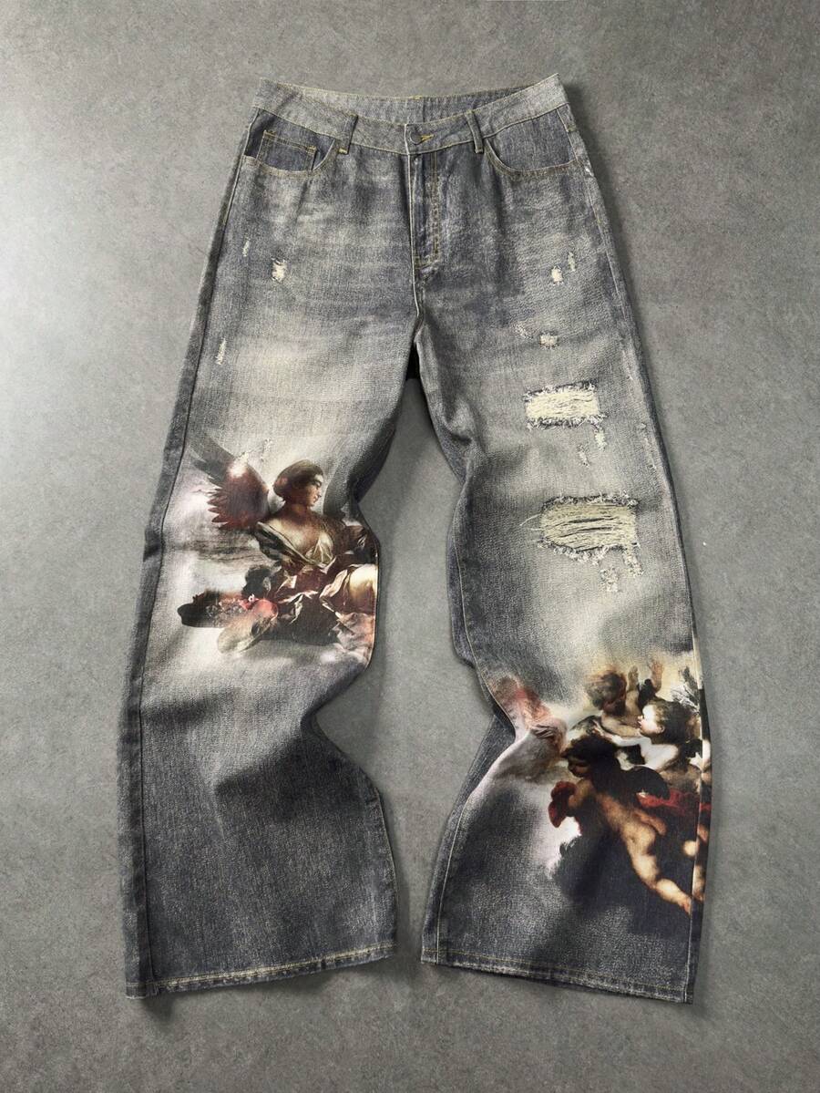 Angel Graphic Wide Leg Ripped Jeans