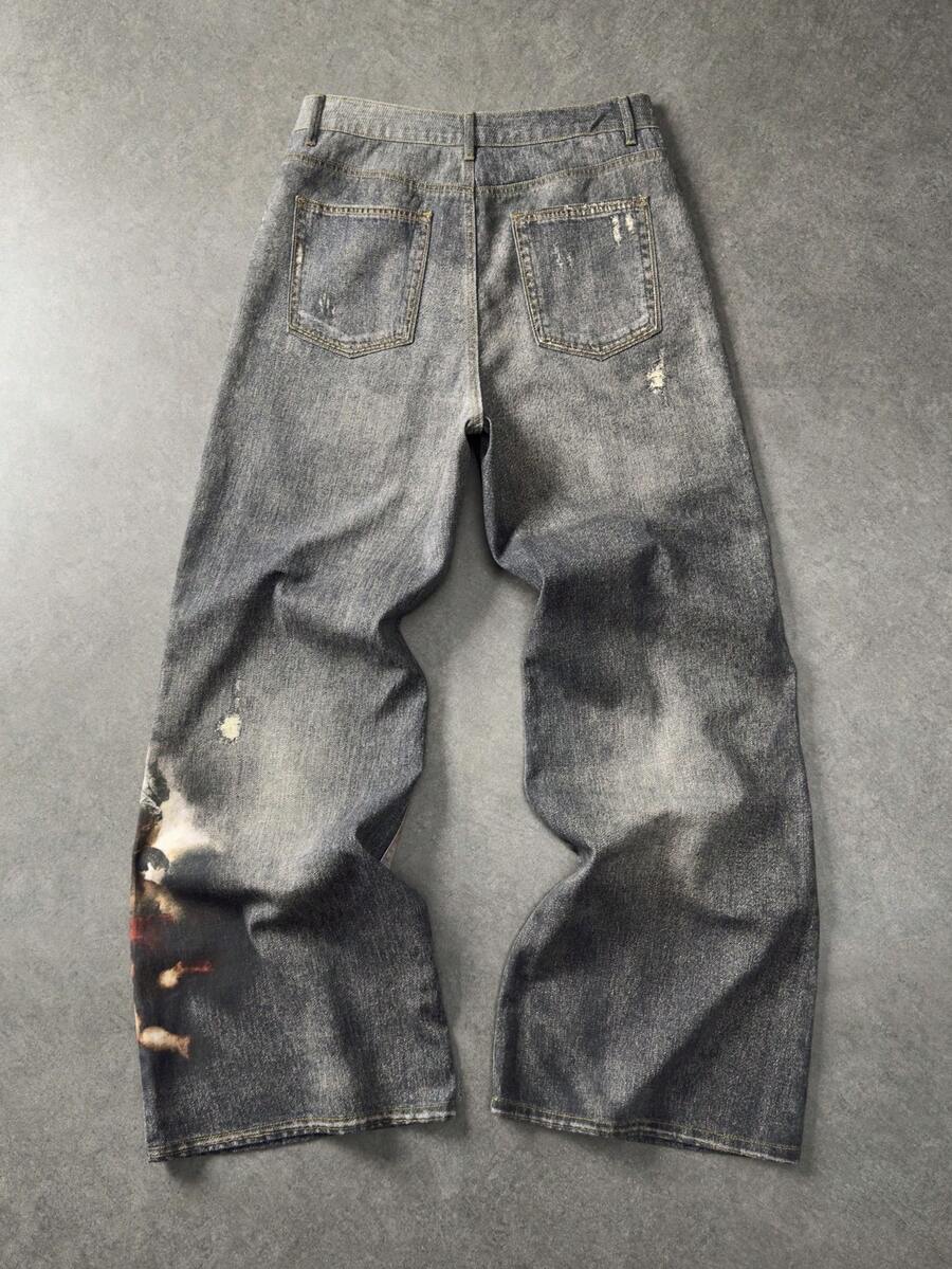 Angel Graphic Wide Leg Ripped Jeans