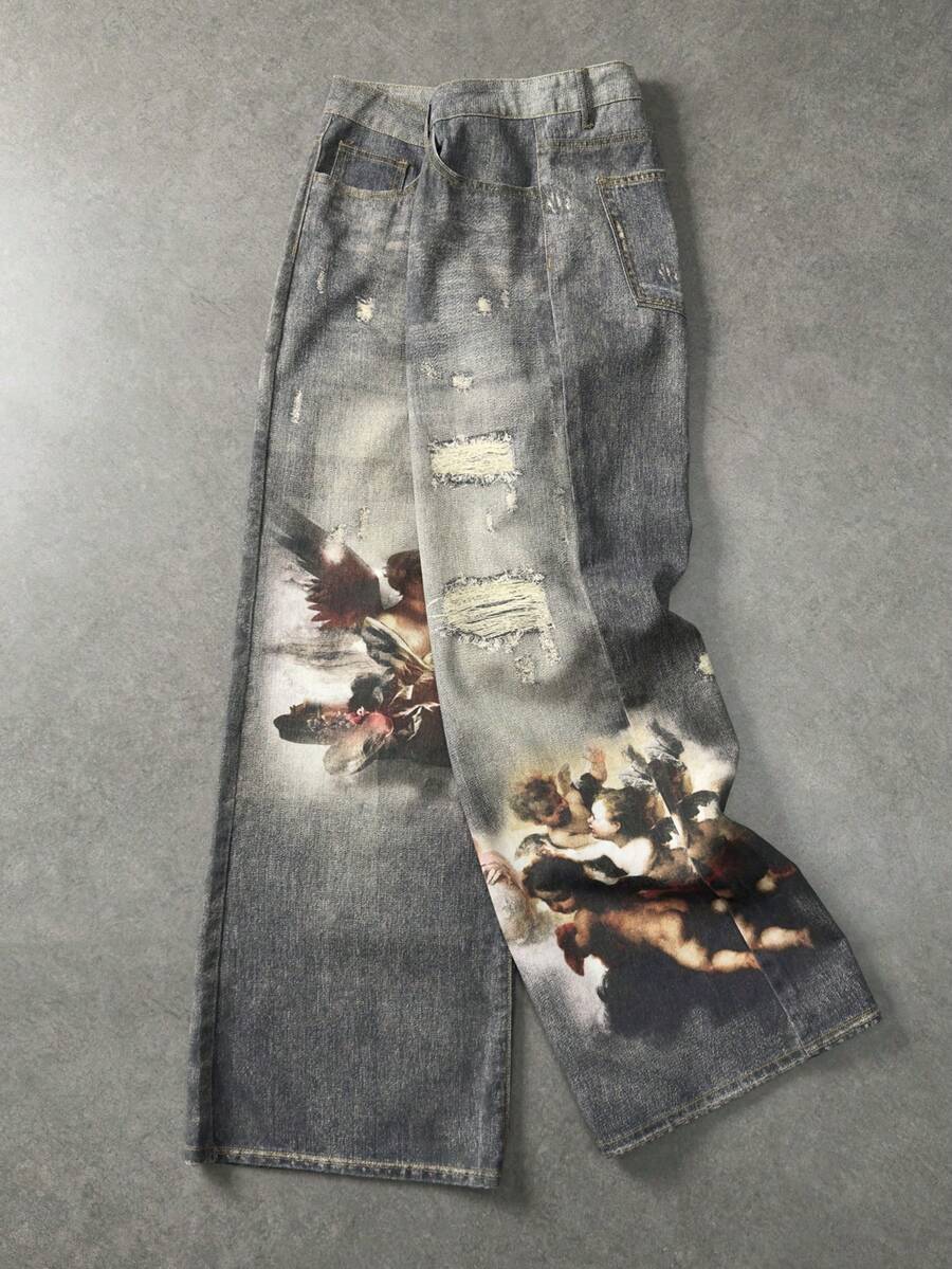 Angel Graphic Distressed Pocket Jeans