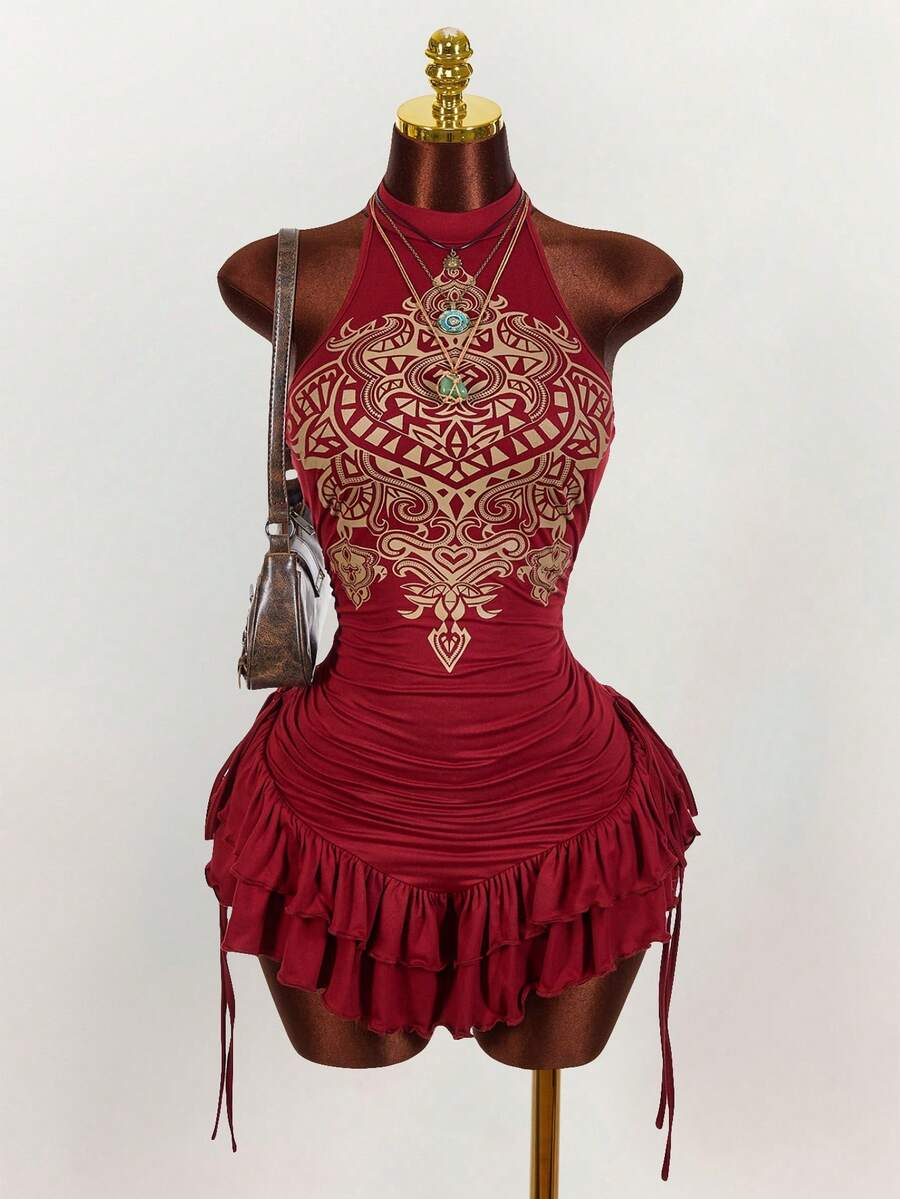 Ruffled High Neck Asymmetrical Mini Dress