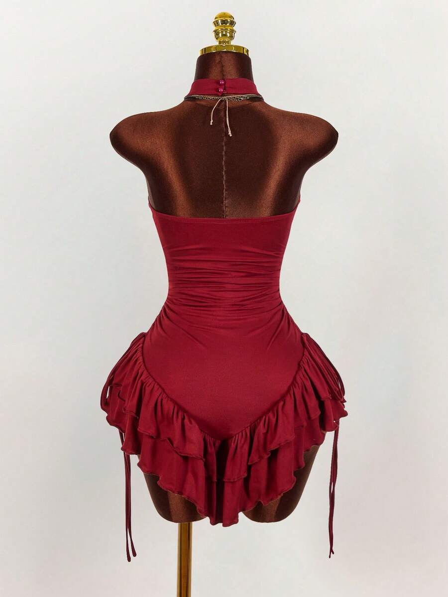 Ruffled High Neck Asymmetrical Mini Dress
