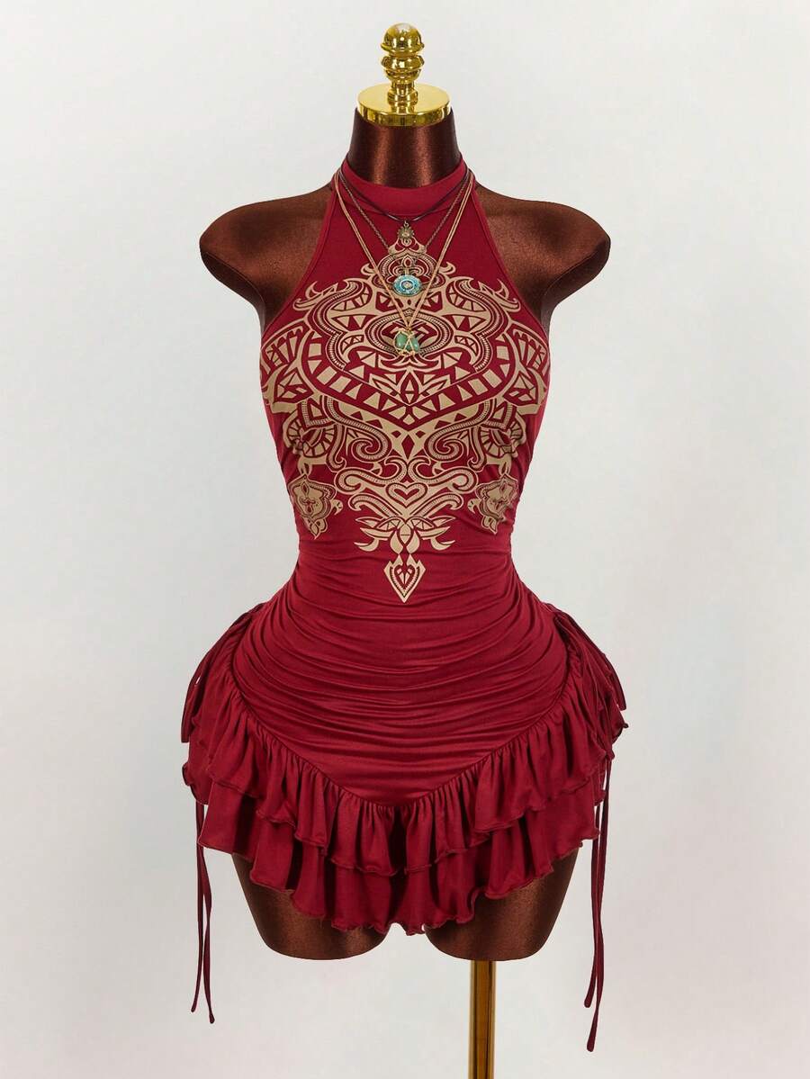 Ruffled High Neck Asymmetrical Mini Dress