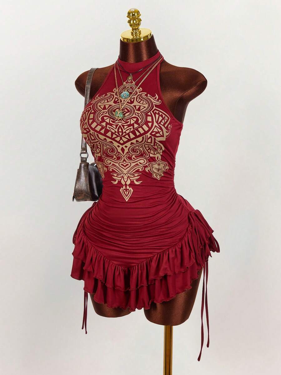 Ruffled High Neck Asymmetrical Mini Dress