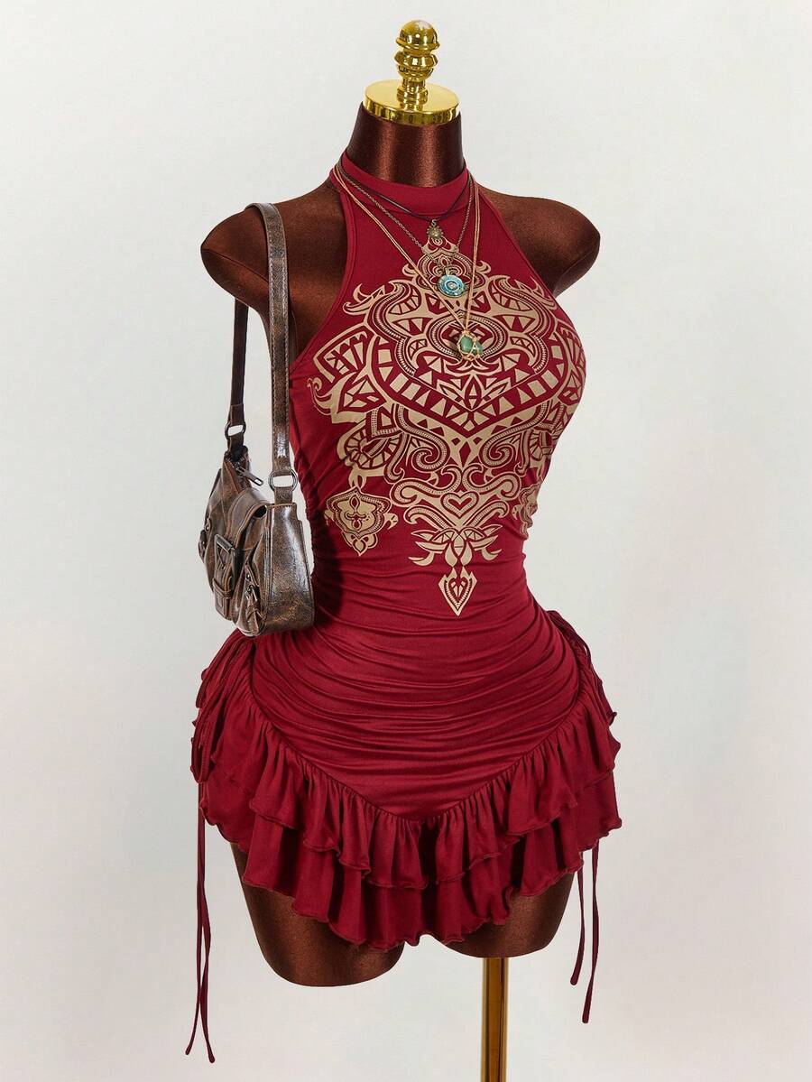 Ruffled High Neck Asymmetrical Mini Dress
