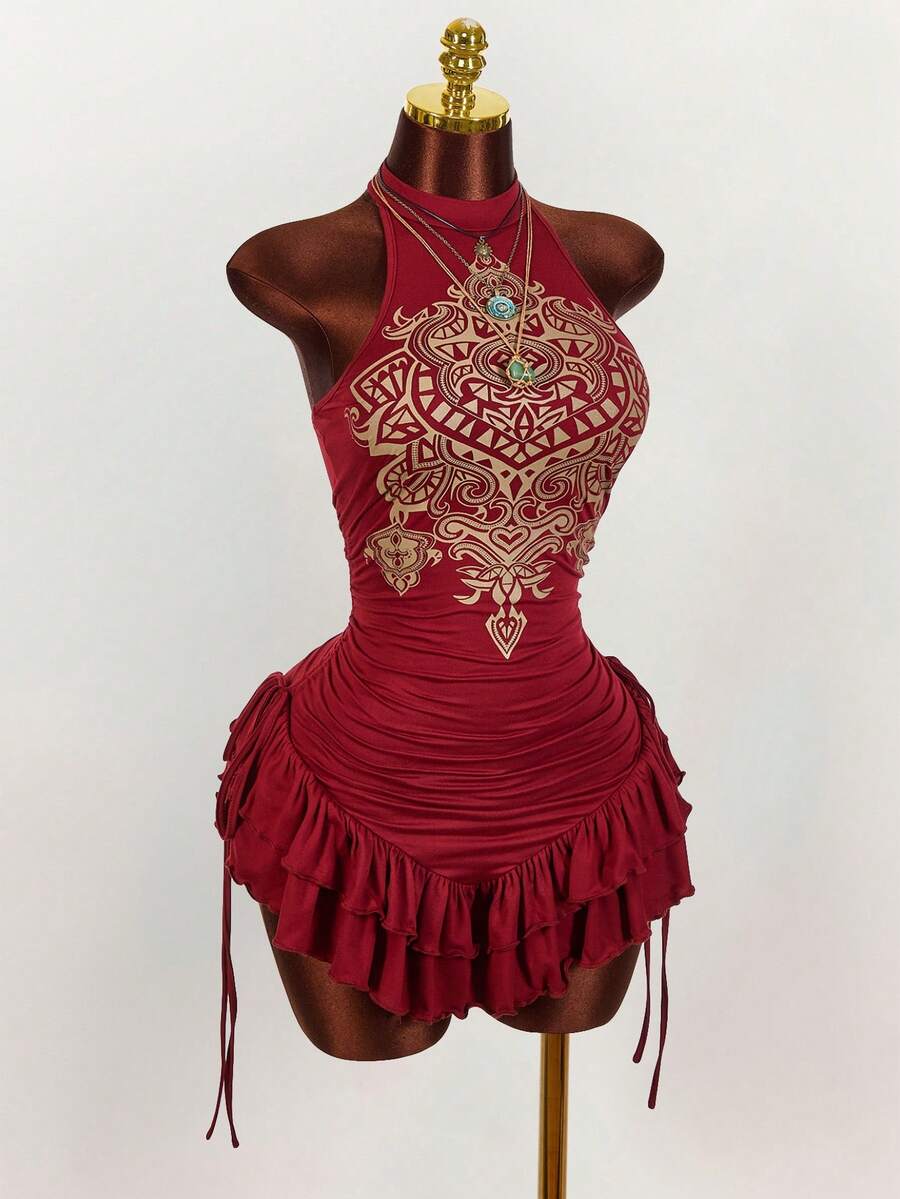 Ruffled High Neck Asymmetrical Mini Dress