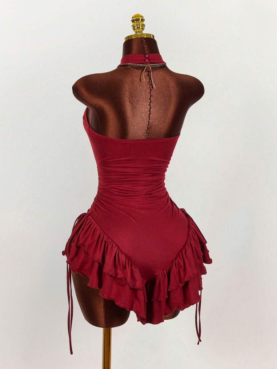 Ruffled High Neck Asymmetrical Mini Dress