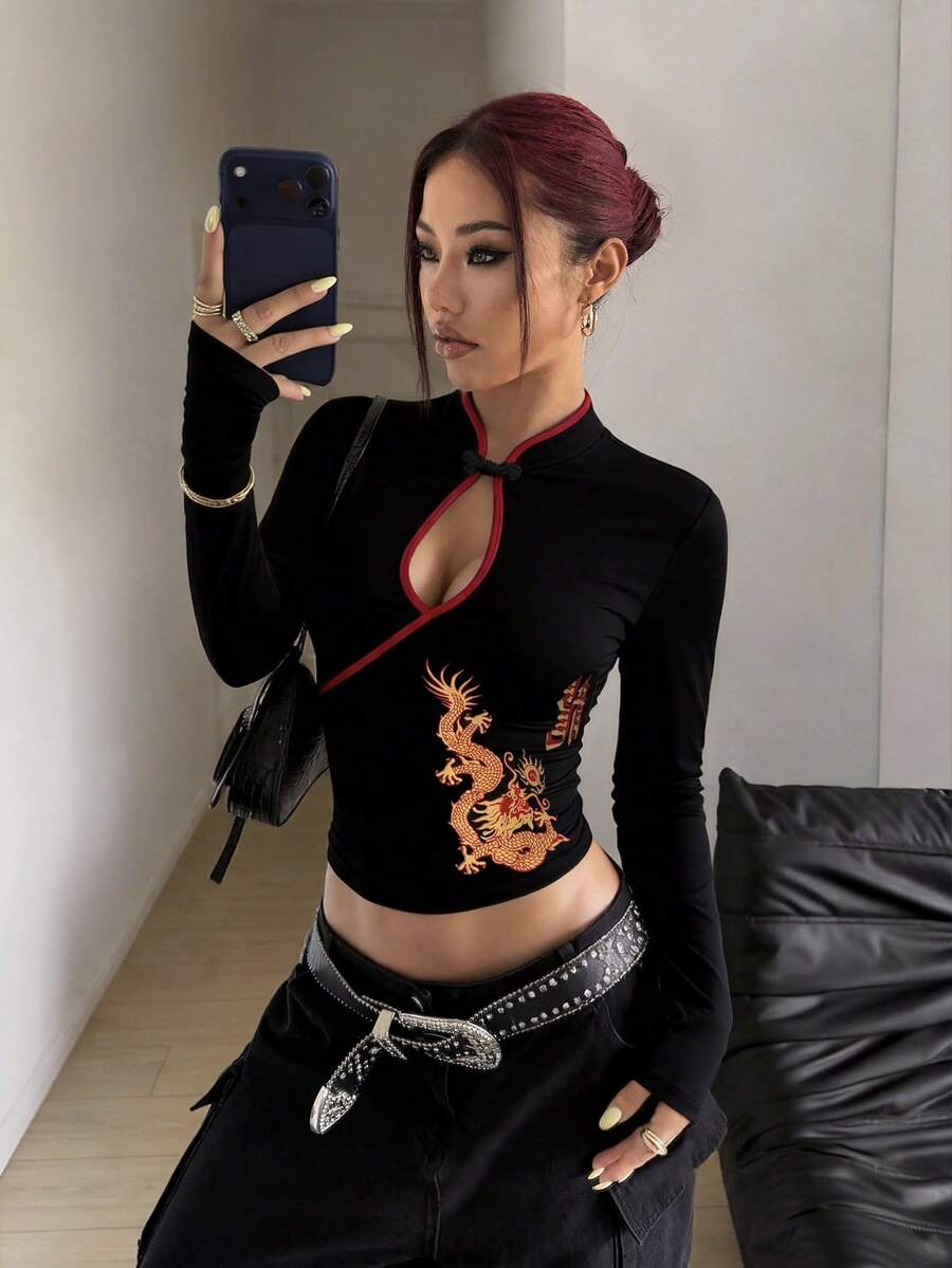 Women's Apricot New Chinese Style Dragon Print Slim Fit Y2K Retro Stand Collar Long Sleeve T-Shirt