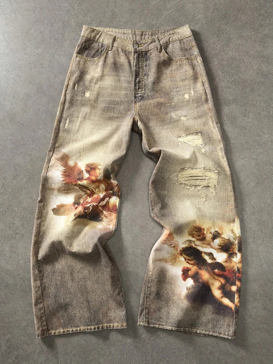 Angel Graphic Wide Leg Ripped Jeans