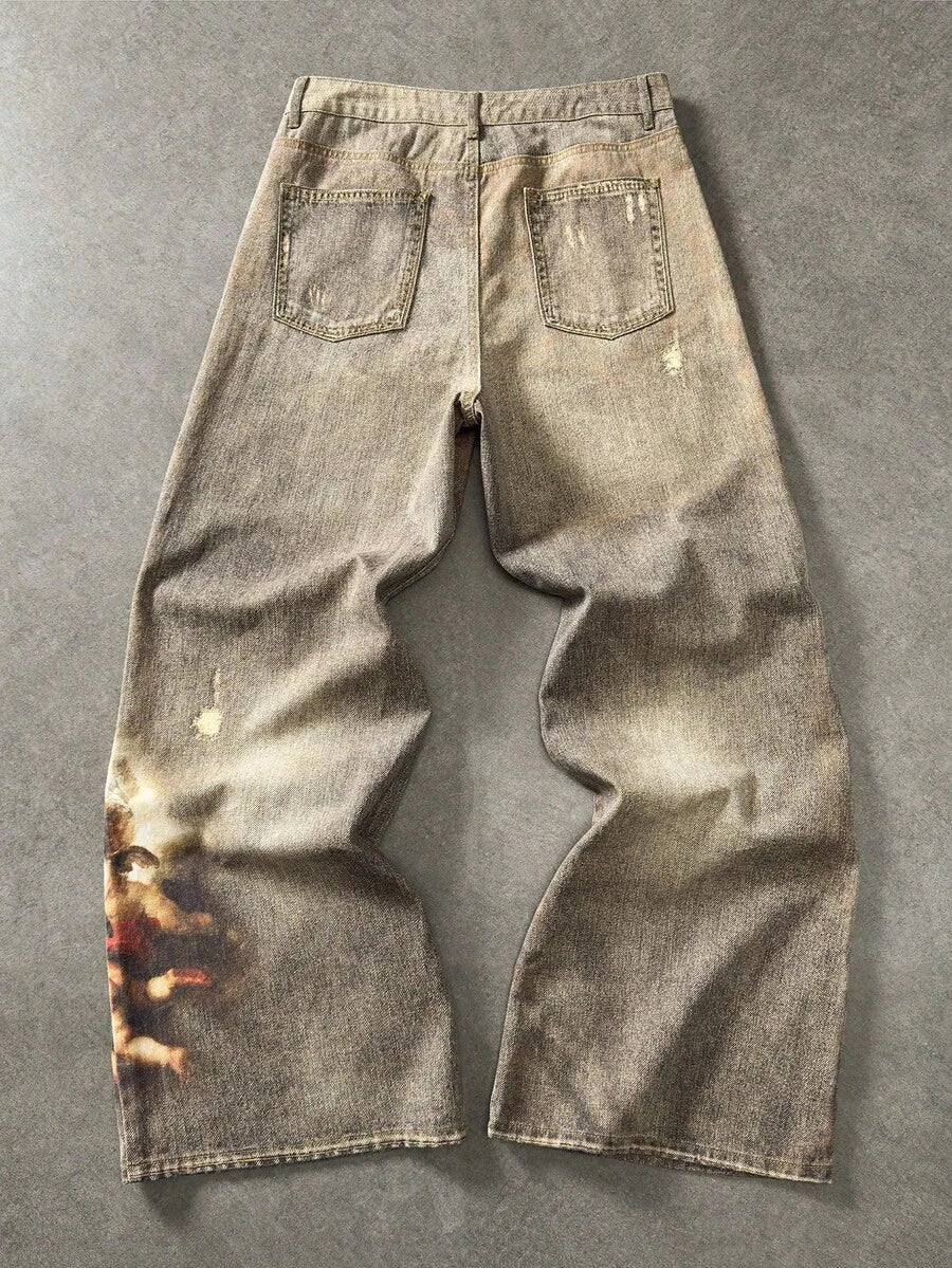 Angel Graphic Wide Leg Ripped Jeans