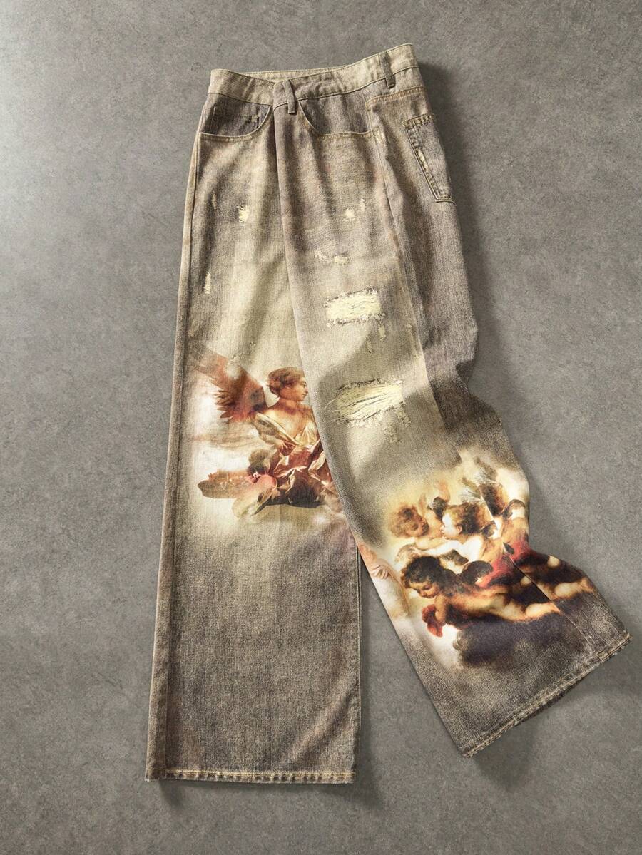 Angel Graphic Wide Leg Ripped Jeans