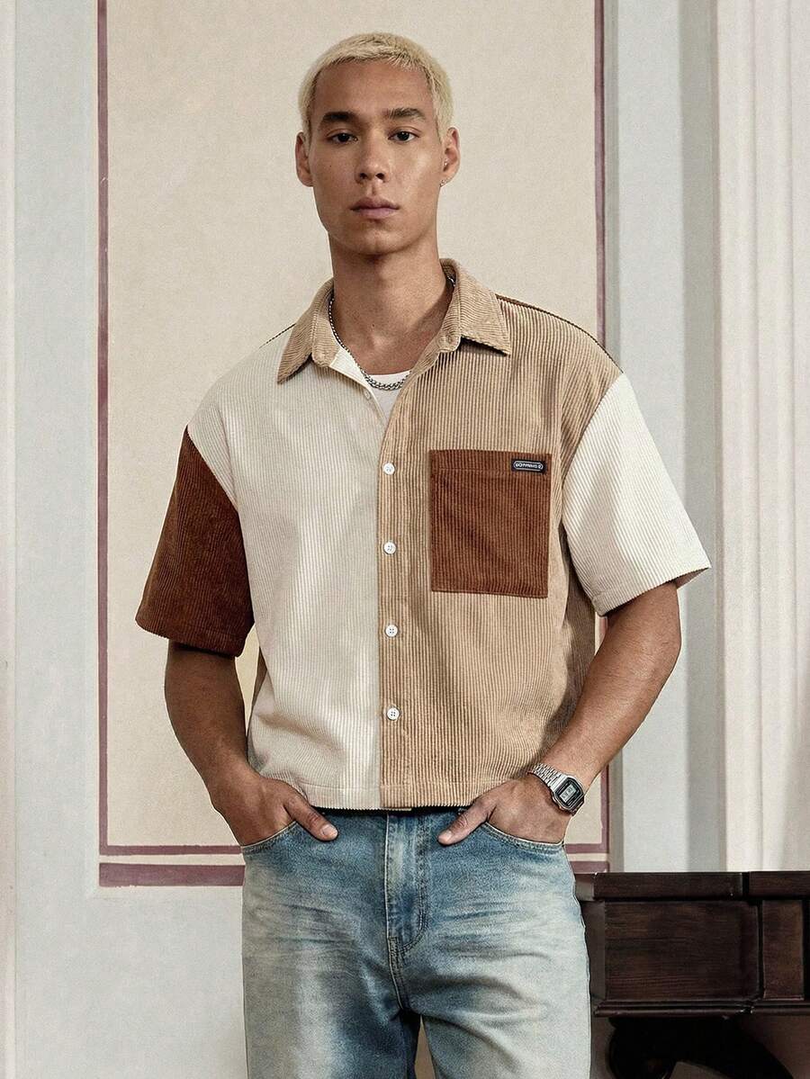 Men's Corduroy Patchwork Short Sleeve Shirt