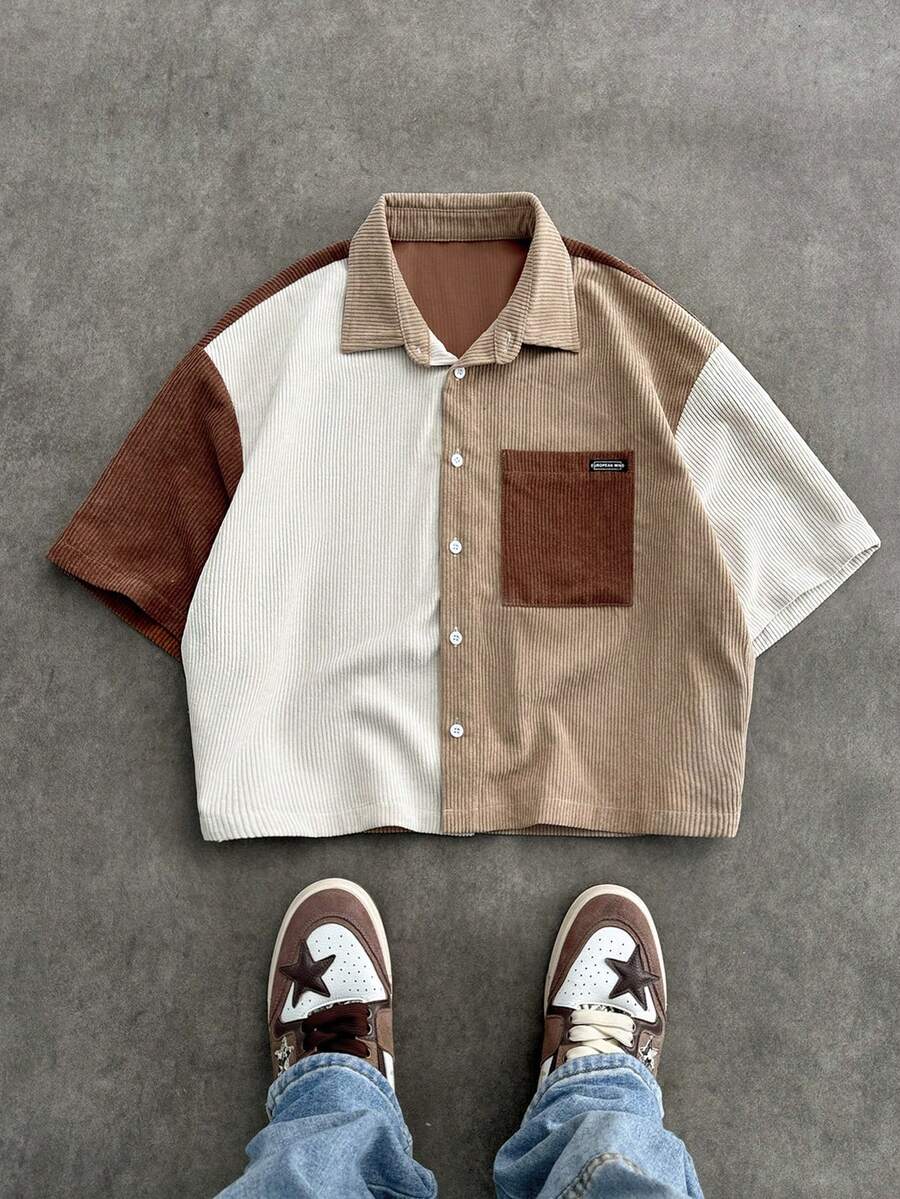 Men's Corduroy Patchwork Short Sleeve Shirt