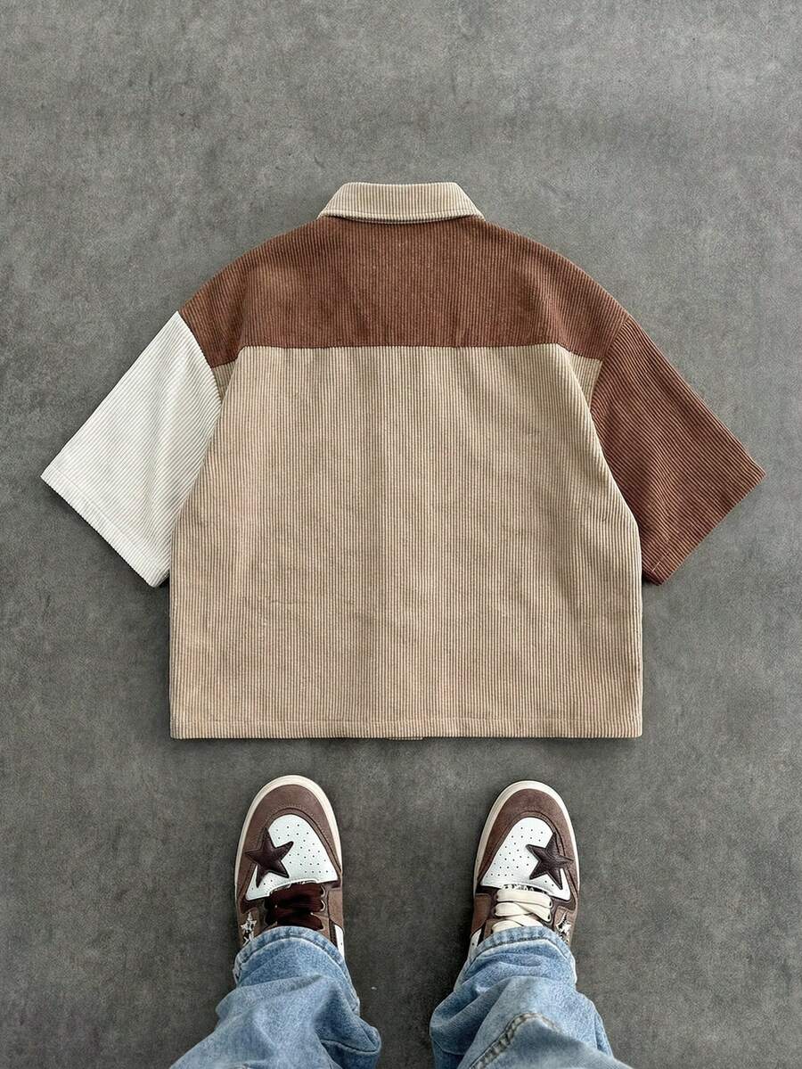 Men's Corduroy Patchwork Short Sleeve Shirt