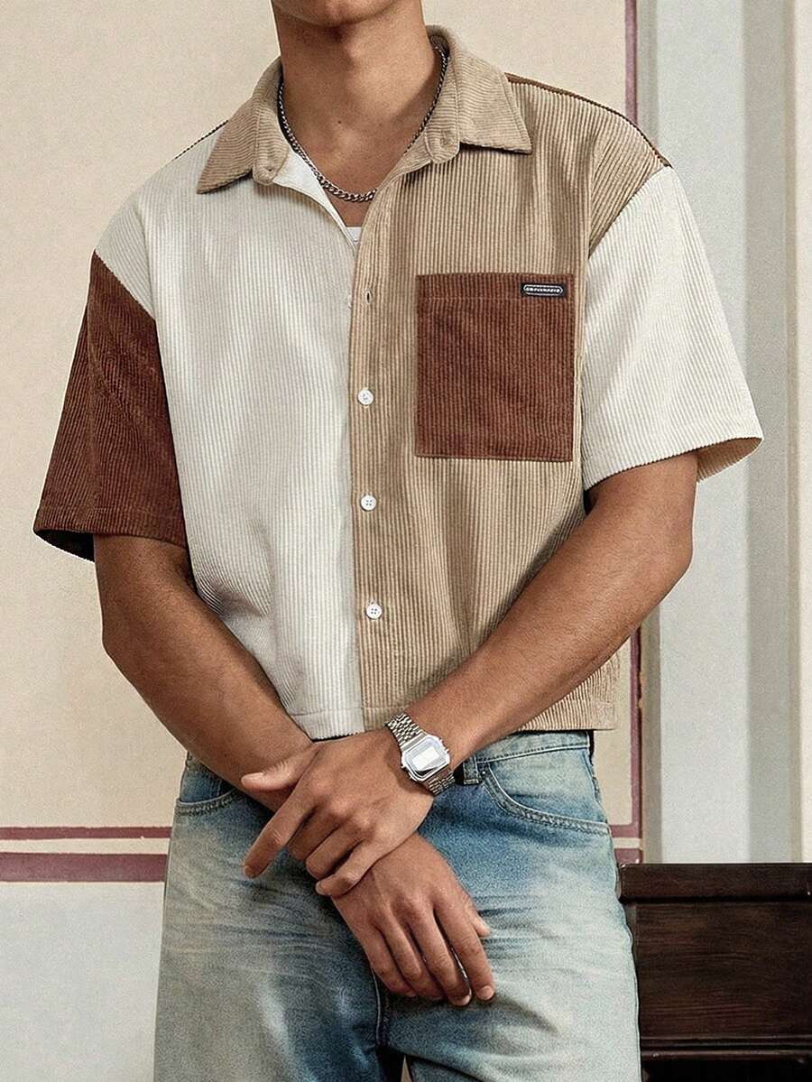 Men's Corduroy Patchwork Short Sleeve Shirt