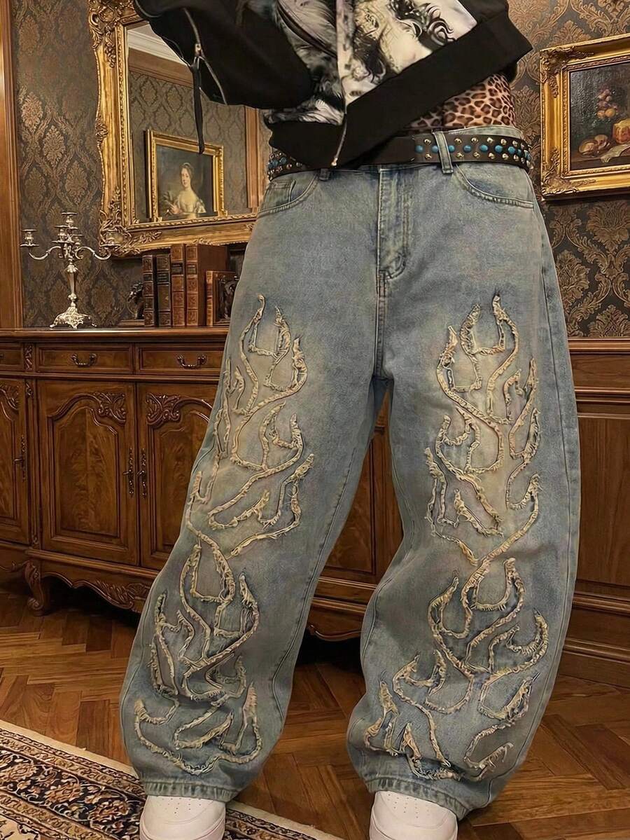 Fashionable Straight Loose Fit Patchwork Frayed Hem Men's Baggy Denim Jeans, Streetwear Style