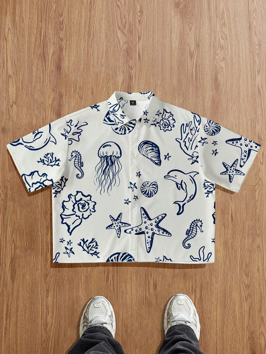 Men's Graffiti Print Loose Cropped Shirt