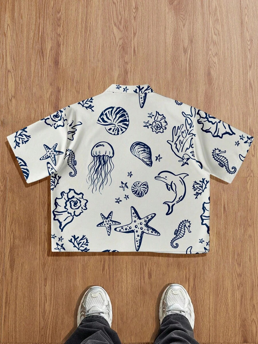 Men's Graffiti Print Loose Cropped Shirt