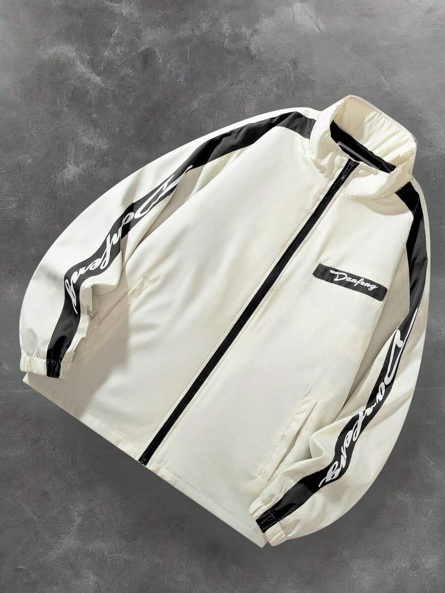 Men's Letter Print Contrast Color Long Sleeve Frog Button Jacket