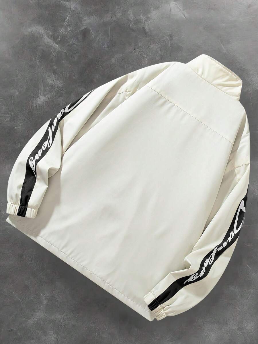 Men's Letter Print Contrast Color Long Sleeve Frog Button Jacket
