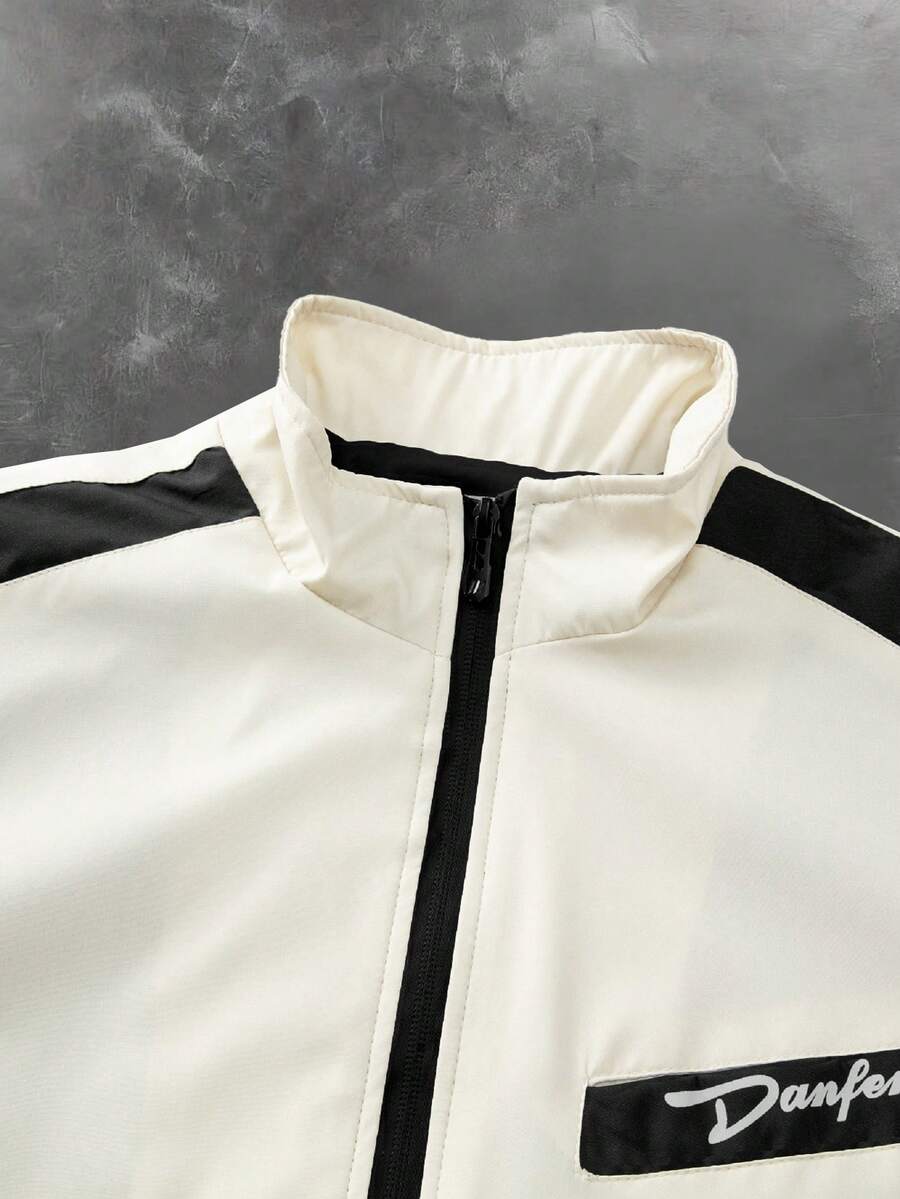 Men's Letter Print Contrast Color Long Sleeve Frog Button Jacket