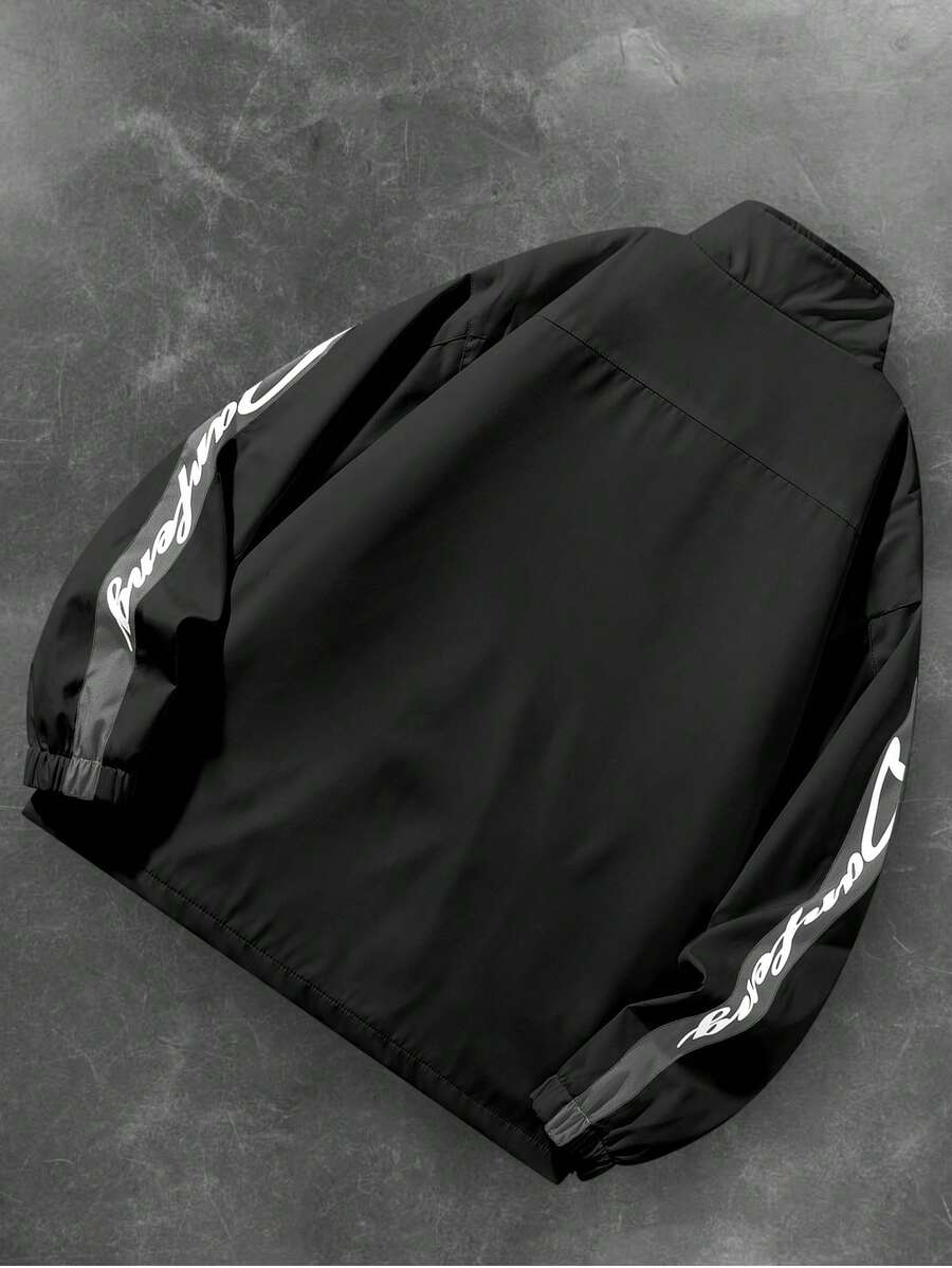 Men's Letter Print Contrast Color Long Sleeve Frog Button Jacket