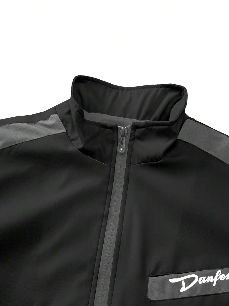 Men's Letter Print Contrast Color Long Sleeve Frog Button Jacket