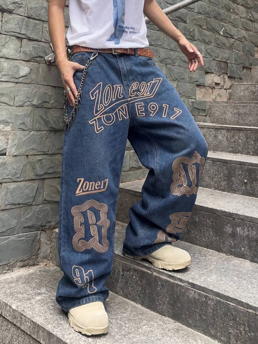 Unisex Casual Jeans With Letter & Graphic Print, American Style