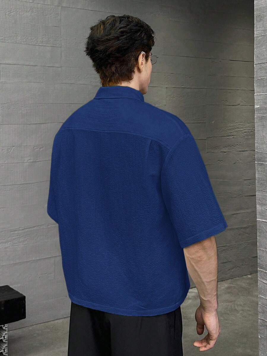 Men's Casual Fashionable Woven Short Sleeve Shirt With Embroidered Polar Bear Design, Suitable For Summer