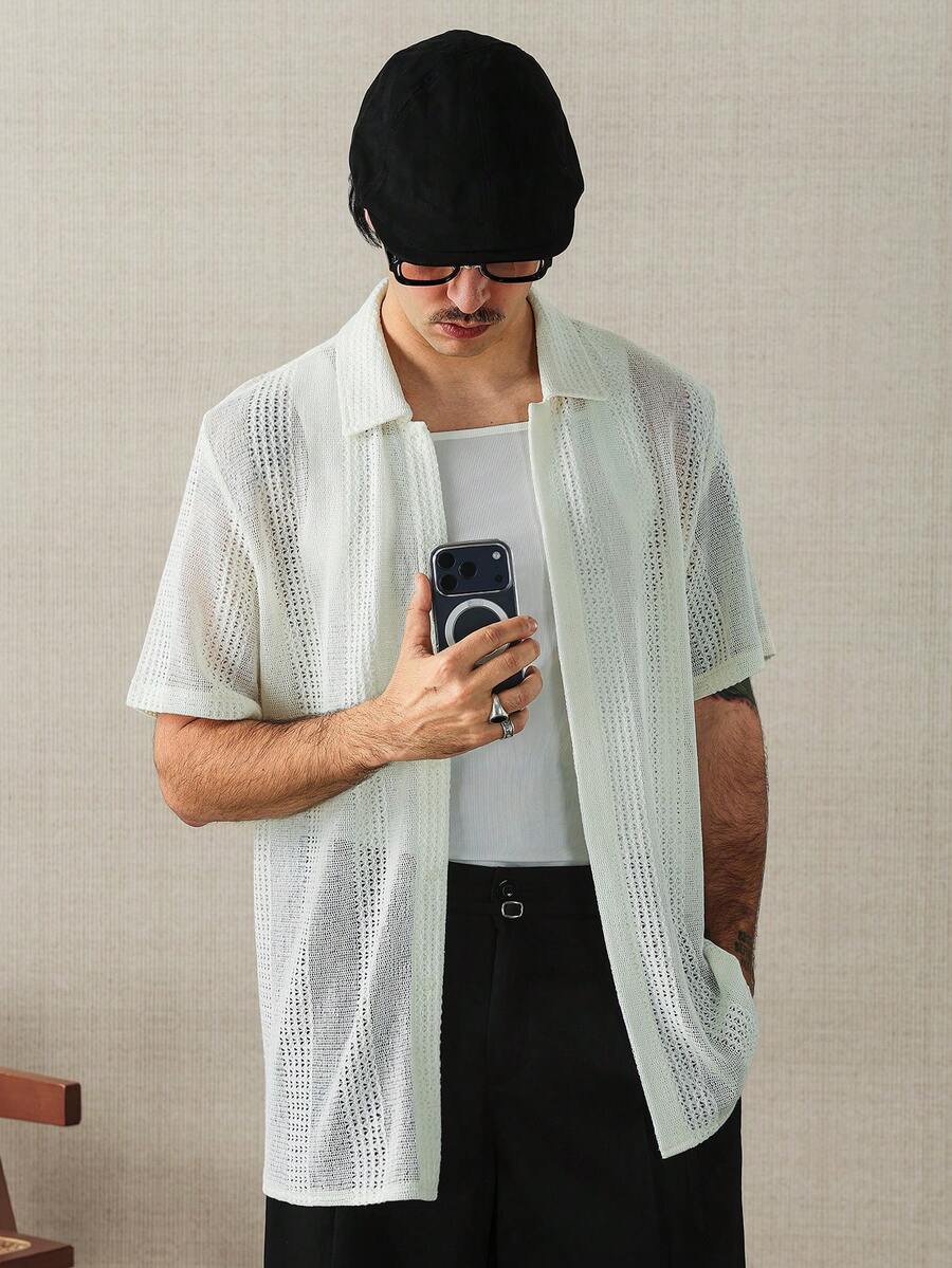 Men's Solid Color Jacquard Knit Short Sleeve Shirt