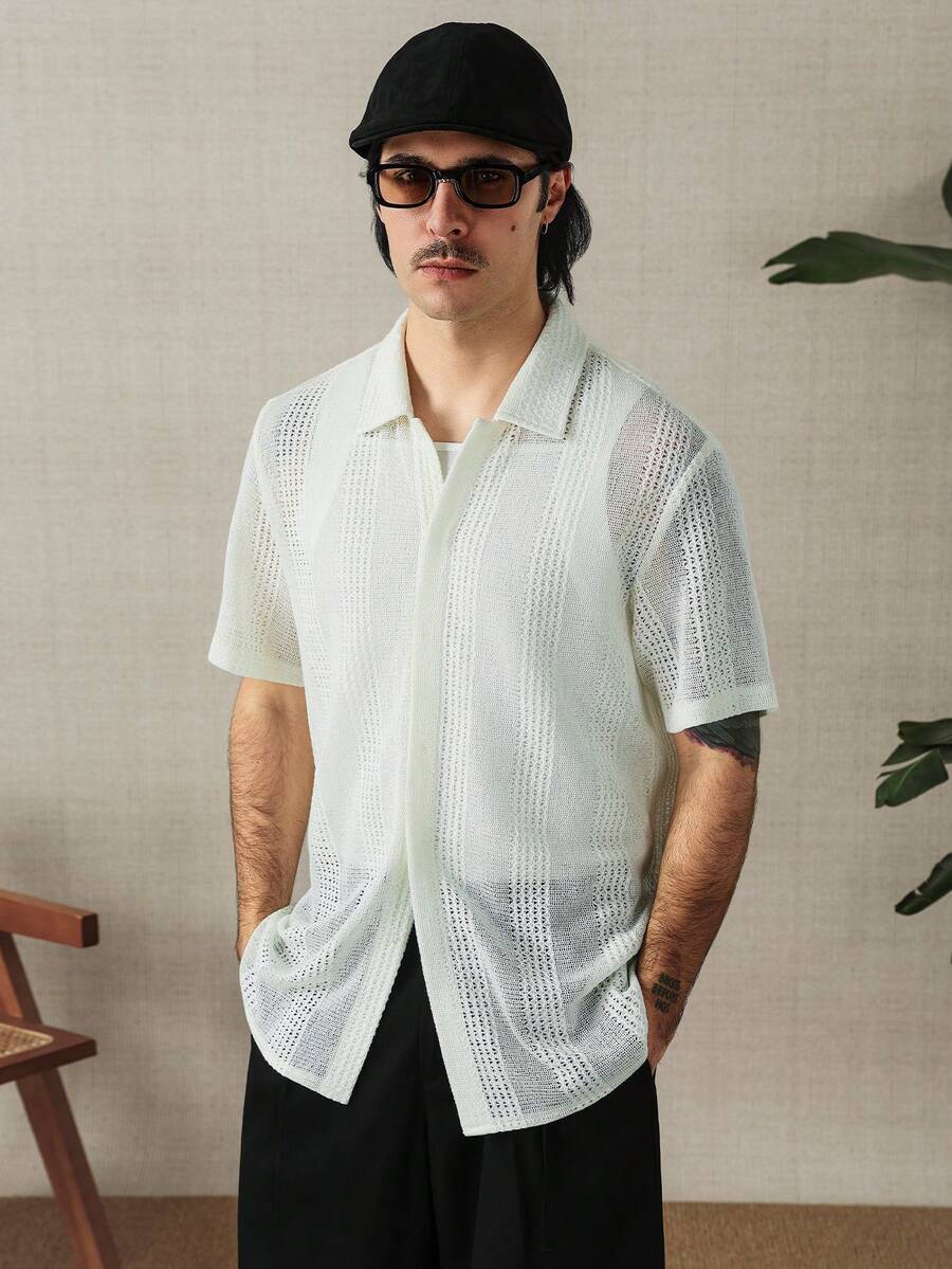 Men's Solid Color Jacquard Knit Short Sleeve Shirt