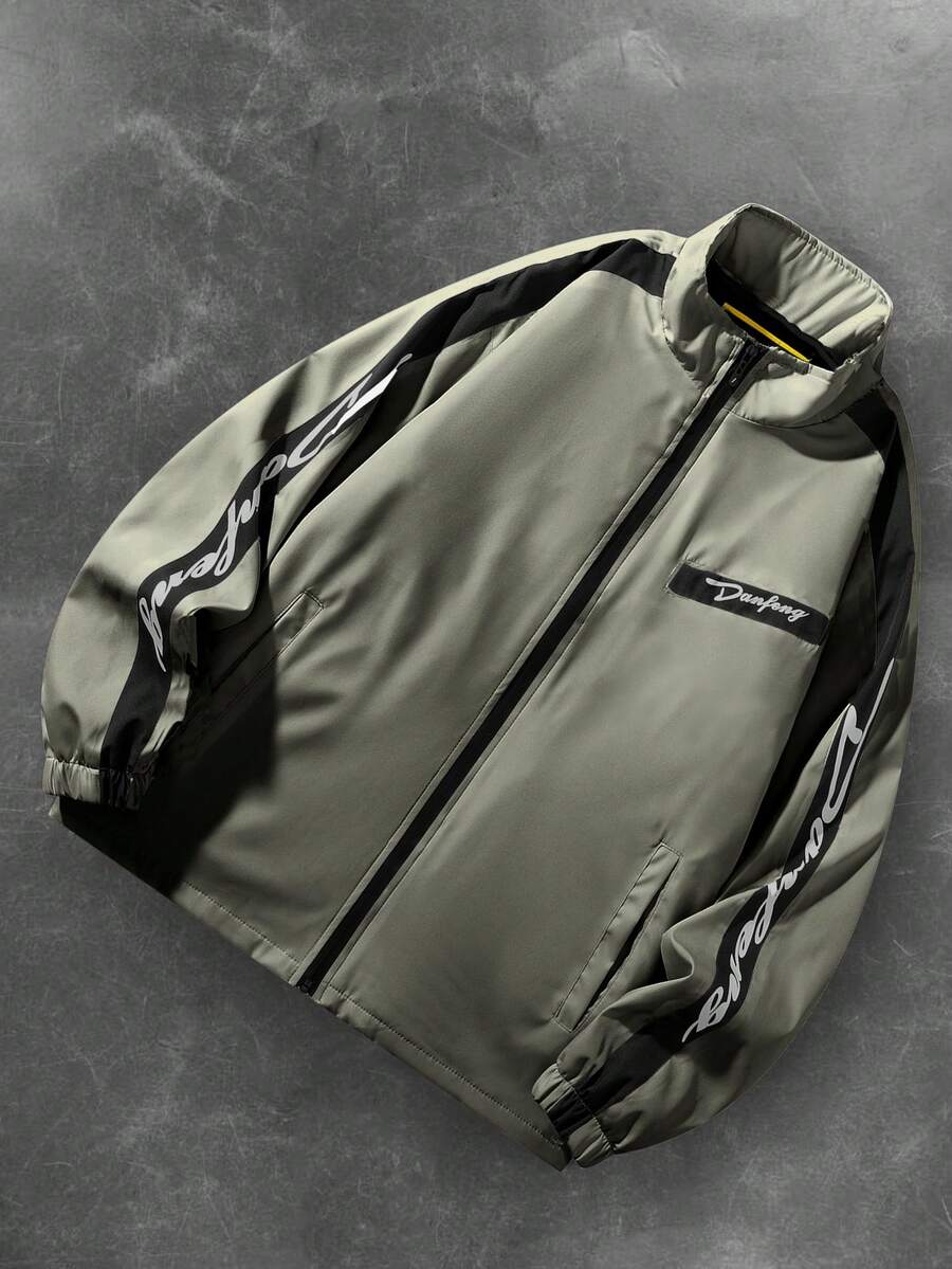 Men's Letter Print Contrast Color Long Sleeve Frog Button Jacket