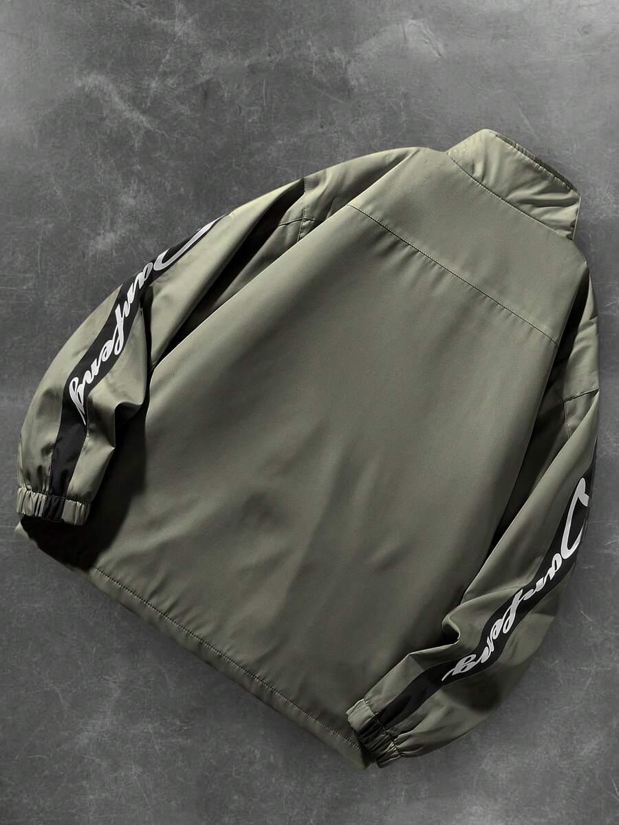 Men's Letter Print Contrast Color Long Sleeve Frog Button Jacket