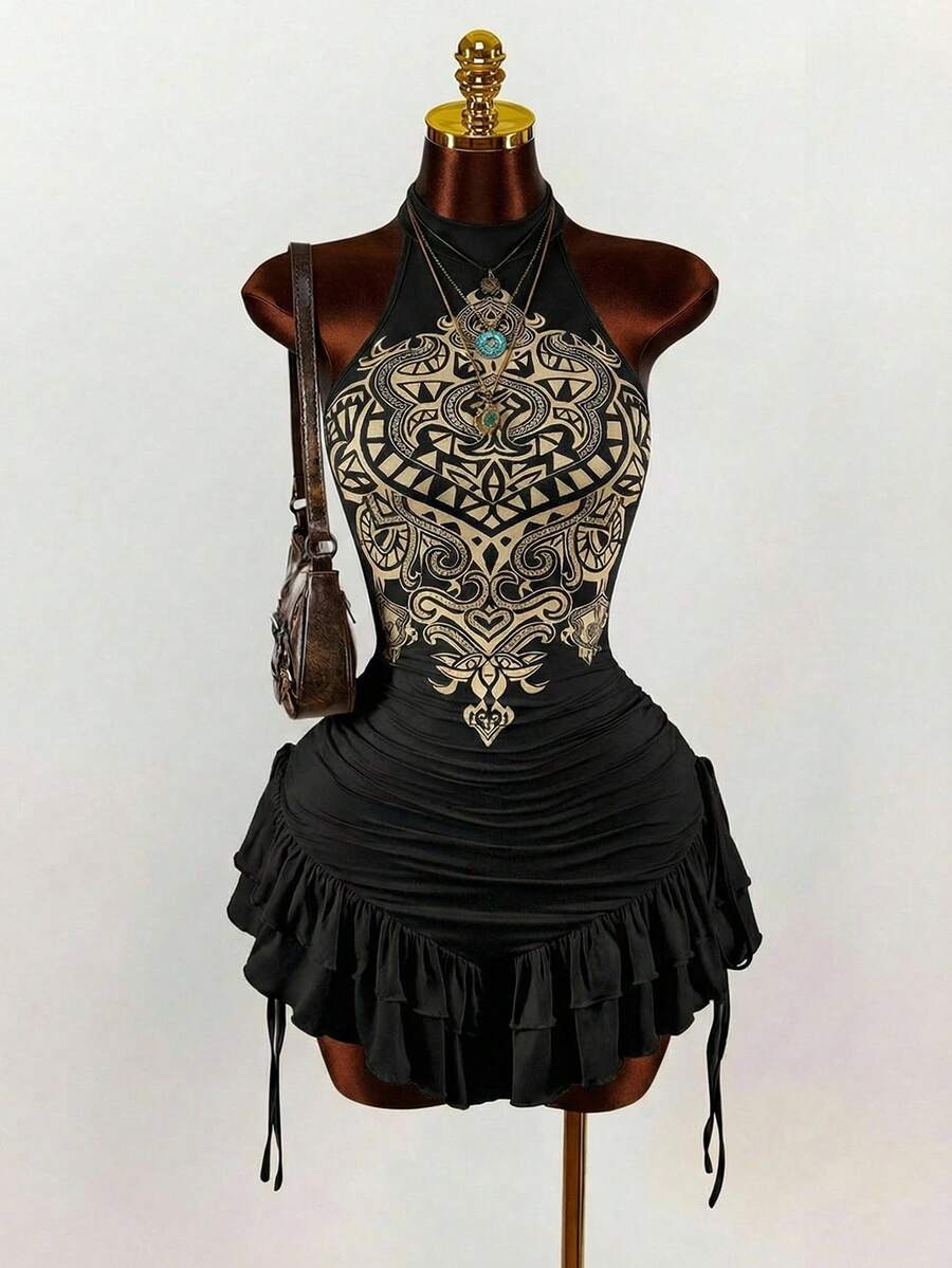 Ruffled High Neck Asymmetrical Mini Dress
