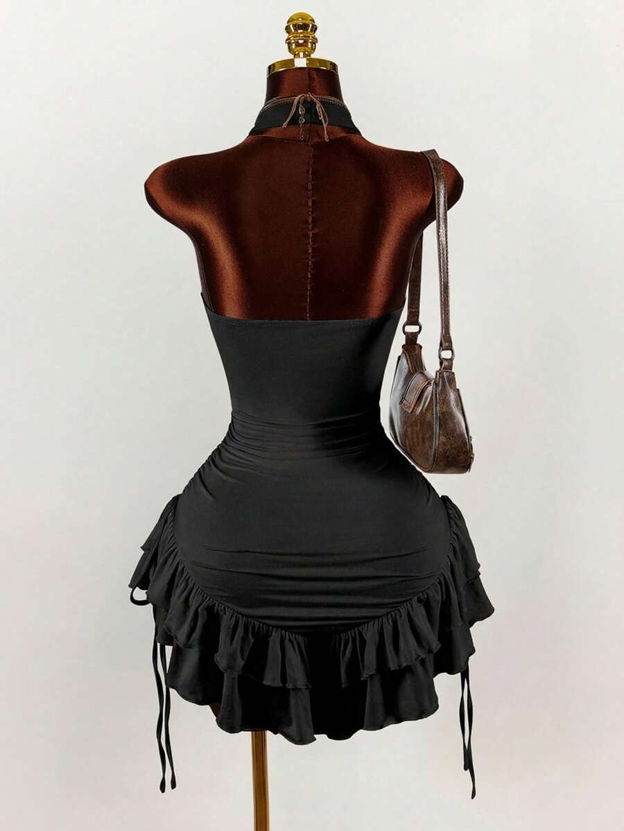 Ruffled High Neck Asymmetrical Mini Dress